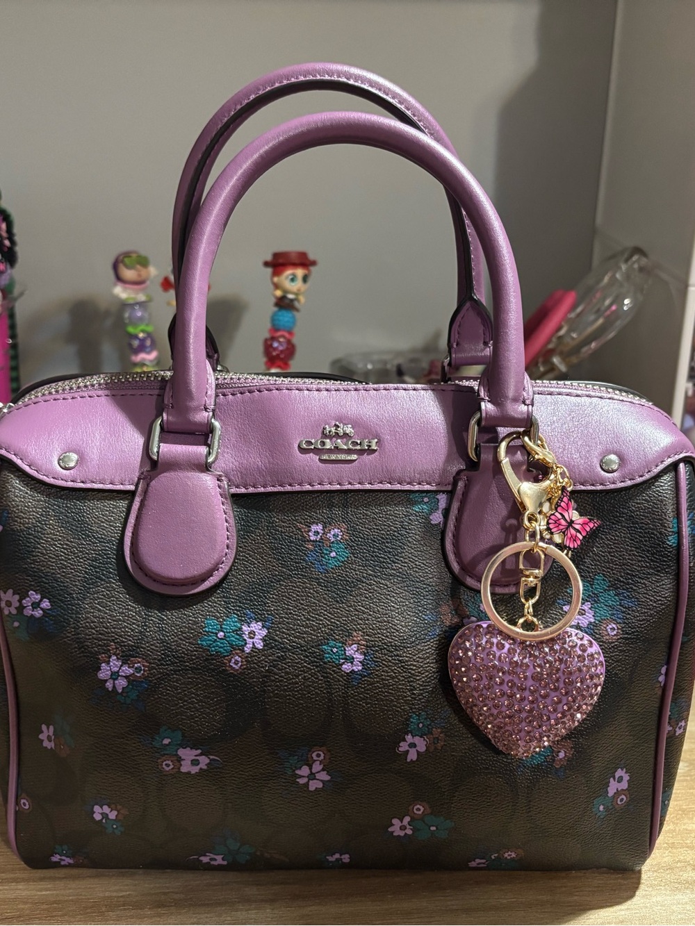 Coach Brown Signature Floral Dome Satchel with Lavender Trim